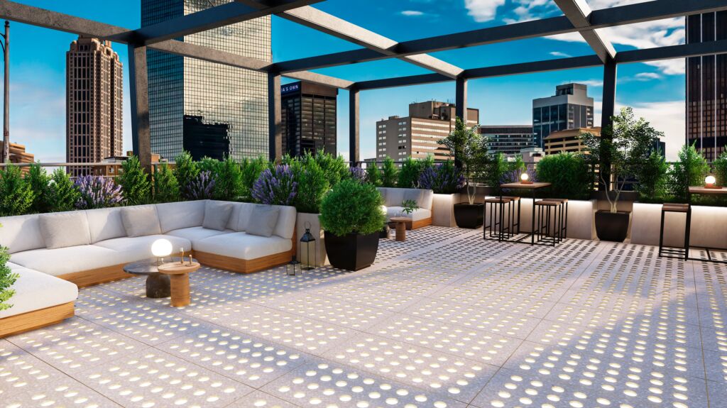 Outdoor patio with illuminated glass pavers